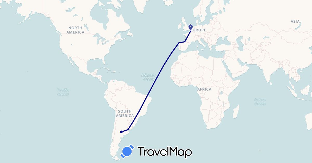 TravelMap itinerary: driving in Argentina, Spain, France (Europe, South America)