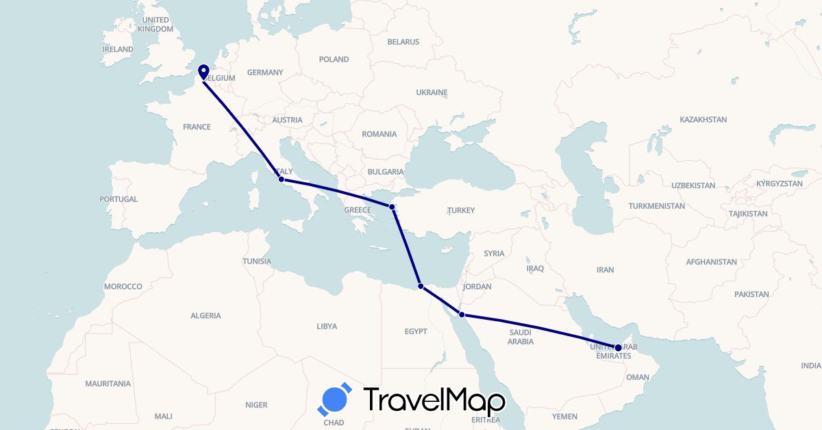 TravelMap itinerary: driving in United Arab Emirates, Egypt, France, Greece, Saudi Arabia, Vatican City (Africa, Asia, Europe)